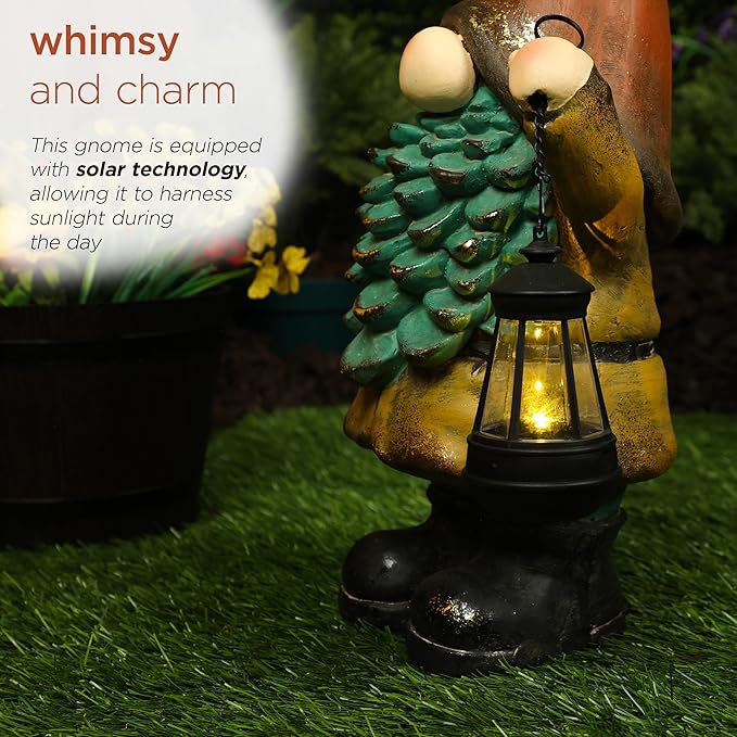 Alpine Corporation MCC856SLR Solar Vintage Gnome Holding Lamp w/Orange Hat, Whimsical Décor for Patio, Lawn & Garden, 20" H