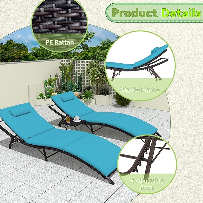 Patio Chaise Lounge Set 3 Pieces Pool Lounge Chairs,Cushioned Outdoor Folding Lounge Chair w/Rattan Adjustable Backrest for Poolside Porch,Folding Table Included,Turquoise Blue