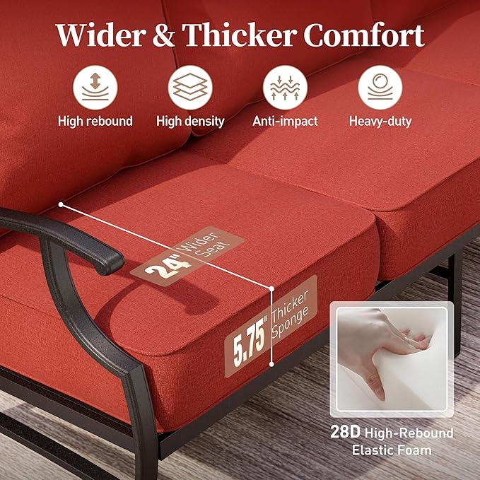 6 Piece Metal Outdoor Patio Furniture Set, Patio Conversation Sets 1 3-Seater Sofa, 2 Swivel Chair, 2 Leg Chair with 5.75" Thick Cushion and Coffee Table, Backyard Furniture Set, Red