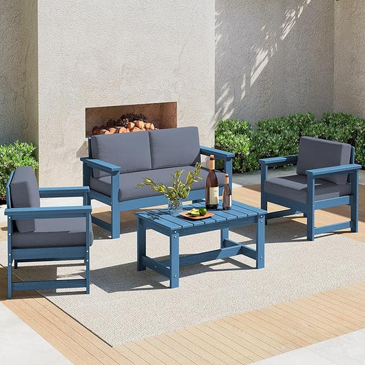 SERWALL 4 Pieces HDPE Outdoor Sofa Set with Cushion, All Weather Use Conversation Couch Set, Outdoor Loveseat Social Furniture with Coffee Table and Cushions, Blue Frame with Grey Cushions