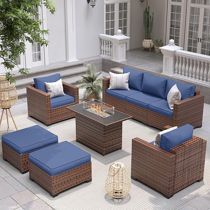 UDPATIO Patio Furniture Set with Fire Pit Table, 6 Pieces Outdoor Conversation Sectional Furniture Sets Wicker Rattan Outdoor Sofa Ottoman with Waterproof Covers for Porch Deck Backyard Blue