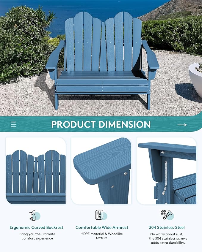 SERWALL Outdoor Folding Adirondack Bench, HDPE All-Weather Adirondack Loveseat, 660 lbs Capacity, Foldable Outdoor Patio Bench for Deck, Lawn, Garden, Navy