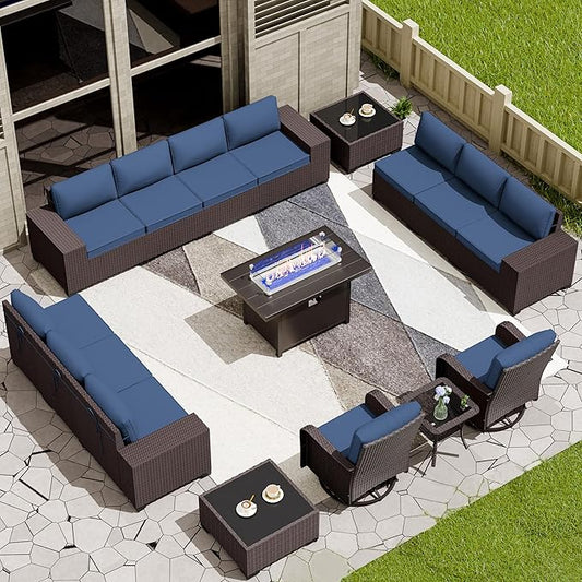 16 Pieces Outdoor Patio Furniture Set Outdoor Furniture Patio Sectional Sofa Conversation Sets w/ETL Approved 45" Gas Outdoor Fire Table & Coffee Table, Swivel Rocking Chair (Navy)
