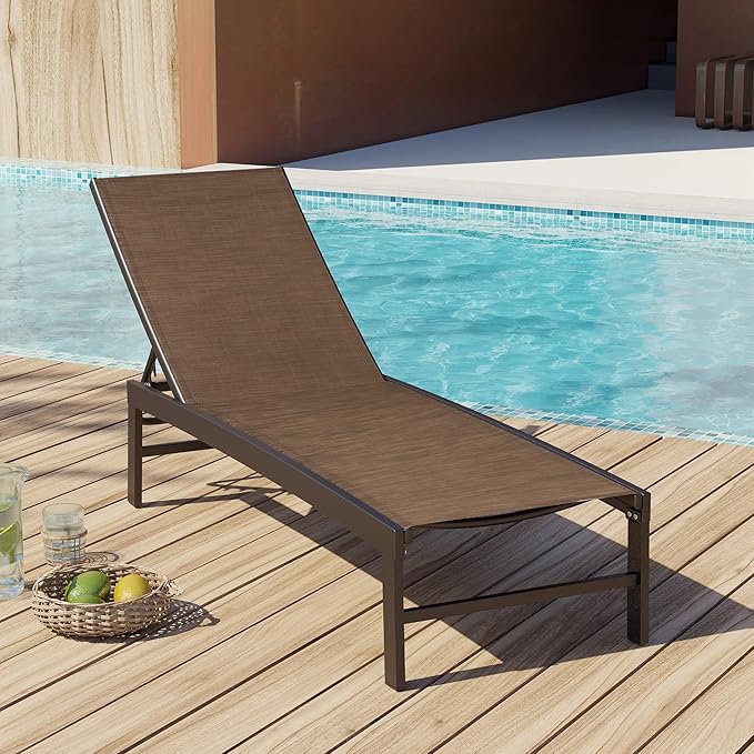 Patio Aluminum Chaise Lounge Chair, Outdoor Recliner Lounge Chair Sun Loungers, All Weather Chaise with 5 Adjustable Backrest and Lay Flat Positions for Garden, Balcony, Pool
