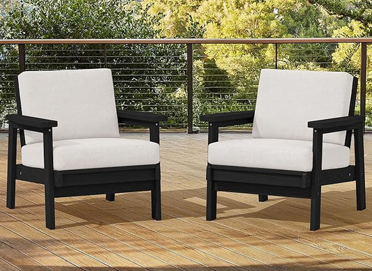 SERWALL HDPE Outdoor Couch Set of 2, All-Weather Wood-Like Outdoor Patio Furniture Set, Black Outdoor Sofa Chairs with Khaki Cushions