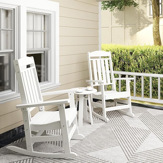 Outdoor Rocking Chairs Set of 4, Oversized High Back Patio Rocking Chairs, All Weather Porch Rocking Chairs for Outside. White