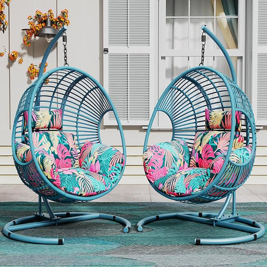 Hanging Egg Chair with Stand - Egg Swing Chair Outdoor Indoor Patio Wicker Chair Swing Hammock Egg Chairs 400lbs Capacity for Outside Patio, Bedroom, Garden and Balcony (SkyBlue-Regular, 2 PCS)