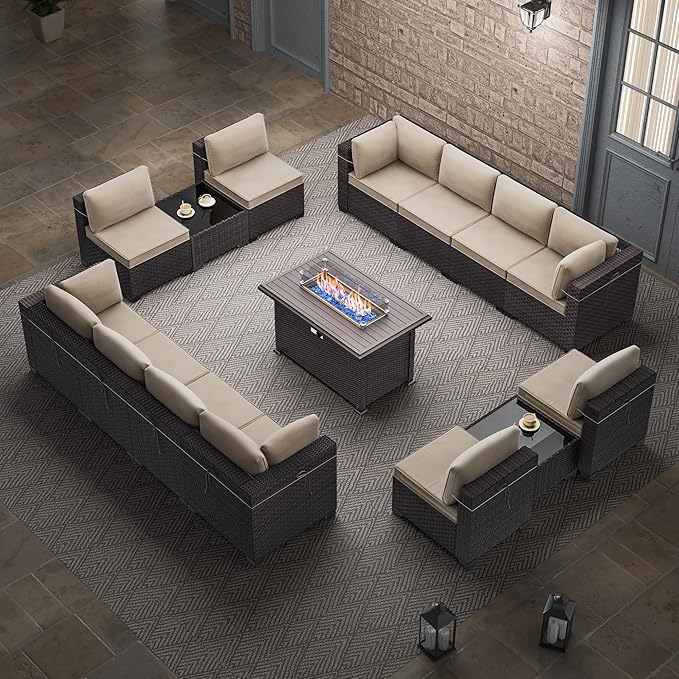 Outdoor Patio Furniture Set with Propane Fire Pit Table, 15 Pieces Outdoor Furniture Patio Sectional Sofa Conversation Set w/ETL Approved 43" Gas Outdoor Fire Table & Coffee Table(Brown).
