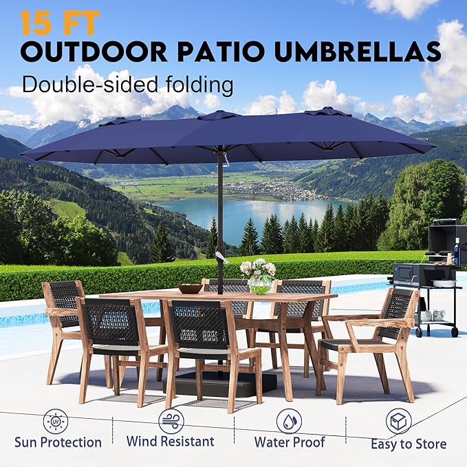 15ft Patio Umbrella with Base,Large Outdoor Double-Sided Rectangle Umbrella with Crank Handle, Market Umbrella for Poolside Garden Deck Backyard Beach Pools, Blue