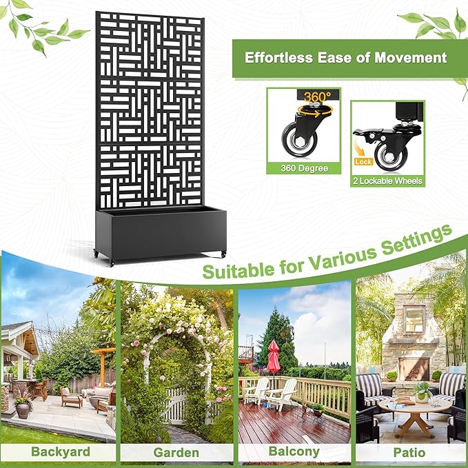 FENCY Metal Raised Garden Bed with Wheels and Trellis,73"x35"x16" Planter Box for Climbing Plants, Vegetables & Vines, Features Privacy Screen and Drainage Holes (Black-Geometric Lattice)