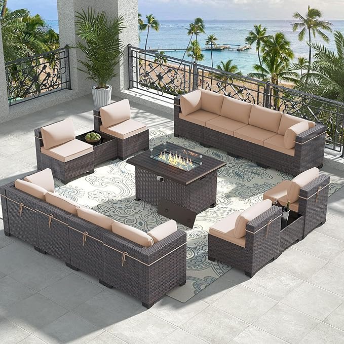 Outdoor Patio Furniture Set with Propane Fire Pit Table, 15 Pieces Outdoor Furniture Patio Sectional Sofa Conversation Set w/ETL Approved 43" Gas Outdoor Fire Table & Coffee Table(Brown).