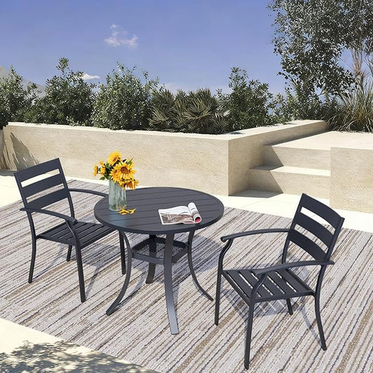 3 Piece Outdoor Dining Set, Patio Dining Set for 2, 27.6" Metal Round Table with 2 Black Metal Outdoor Dining Chairs with Armrest for Lawn, Garden, or Porch