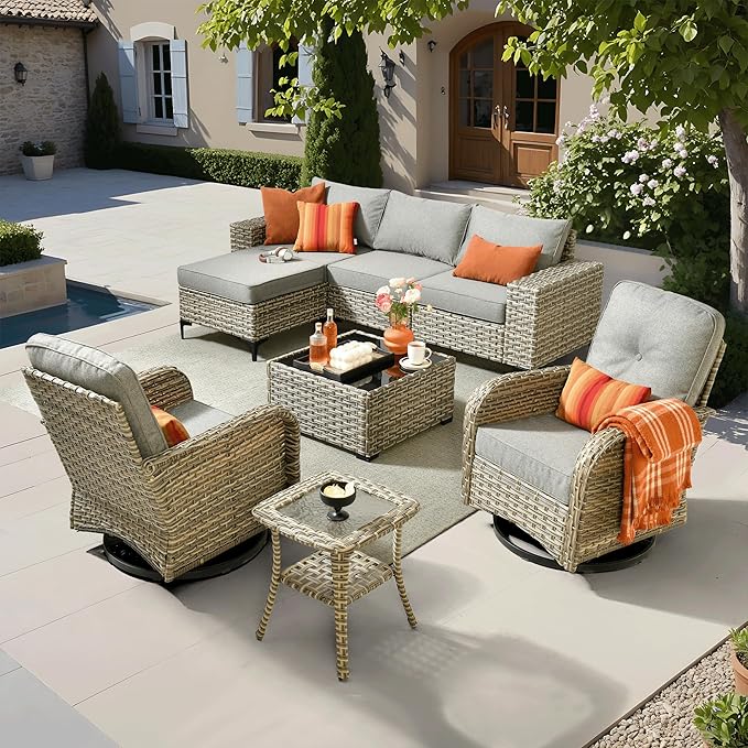 ovios 8 Pieces Patio Furniture Set Outdoor Sectional Sofa Couch with Rocking Swivel Chairs Deep Seat Chaise Comfy Cushions, Modern Modular Wicker Rattan Conversation Set, Dark Grey