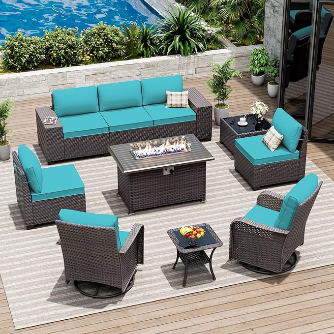 10 Pieces Patio Furniture Set with 2 Swivel Chairs Patio Furniture Outdoor Sectional Sofas with 55000 Gas Fire Pit Patio Conversation Set w/7 -Cushions