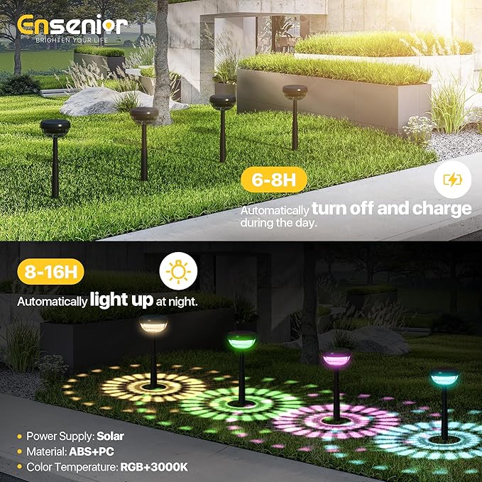 Ensenior Color Changing Solar Lights Outdoor, Auto ON/Off 3000K White Light & RGB LED Solar Garden Lights for Pathway, Yard, Patio, Waterproof, Energy-Efficient Landscape Lighting, 6-Pack