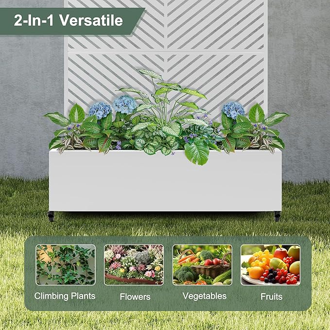 Large Metal Raised Garden Beds with Privacy Screen, Standing Planter Box with Trellis & Wheels for Outdoor Climbing Plants, Garden Boxes with Drainage Holes for Patio (47"L, White Parallel)