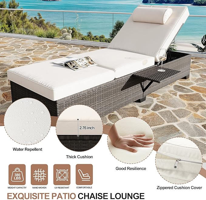 Patio Chaise Lounge Set of 2, Brown Rattan, Adjustable Backrest, Recliners with Beige Cushion