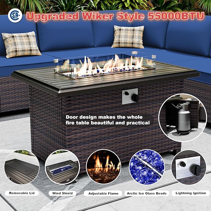 10 Pieces Patio Furniture Set with 2 Swivel Chairs Patio Furniture Outdoor Sectional Sofas with 55000 Gas Fire Pit Patio Conversation Set w/7 Cushions-Blue