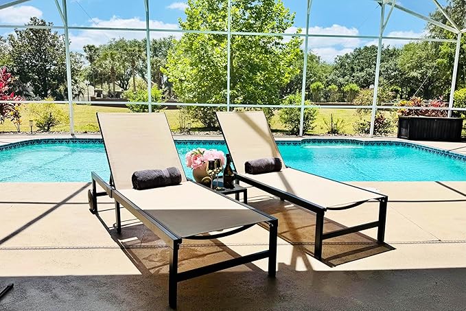 PURPLE LEAF Outdoor Chaise Lounge Chairs Set Recliner Aluminum Adjustable Chair with Wheels and Side Table for Poolside Beach Patio Sunbathing Lounger, Beige