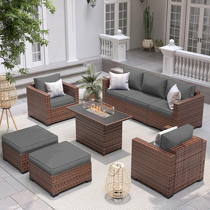 UDPATIO Patio Furniture Set with 44" Fire Pit Table, 6 Pieces Outdoor Conversation Sectional Furniture Sets Wicker Rattan Outdoor Sofa Ottoman with Waterproof Covers for Porch Deck Backyard Grey