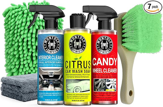 Wontolf Car Wash Kit with Car Wash Soap Shampoo, Interior Cleaner, Wheel Cleaner, Car Detailing Cleaning Care Kit for Cars Trucks RVs SUVs Motorcycles Detailing Cleaning