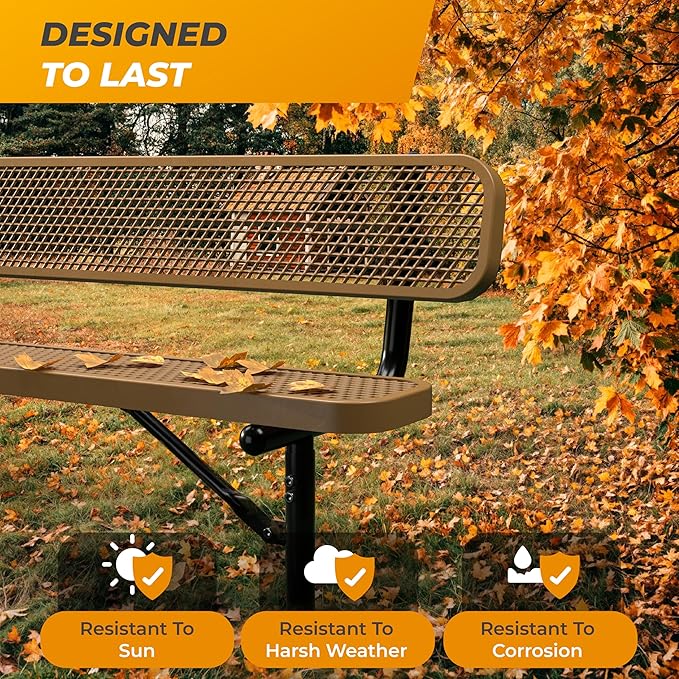 Heavy-Duty Outdoor Metal Bench, Thermoplastic-Coated, Inground, Weatherproof, Commercial-Grade for Parks, Gardens, Patios, Stores & More (6 Ft - Inground with Back, Brown)