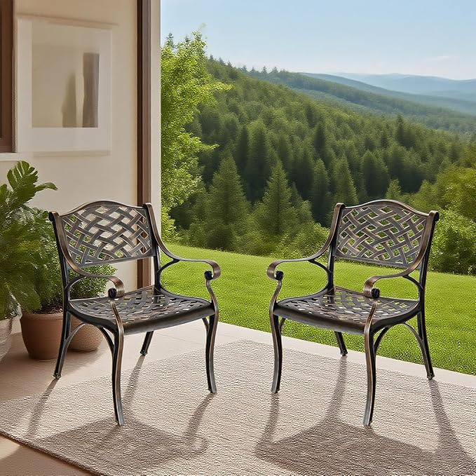 Cast Aluminum Patio Chairs Set of 2,Bistro Dining Chair with Armrests, Wrought Iron 2 Piece Patio Bistro Chair, Cast Iron Outdoor Patio Dining Chair for Backyard,Porch,Brown