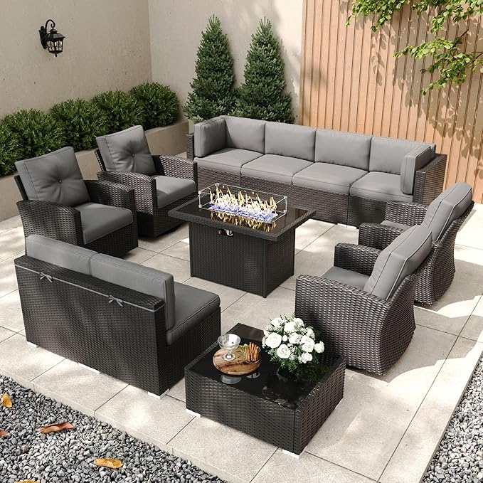 Patio Furniture Set with Fire Pit Table, 12 Pieces Outdoor All-Weather Wicker Conversation Sectional Chair Sofa Set with 4 Swivel Chairs