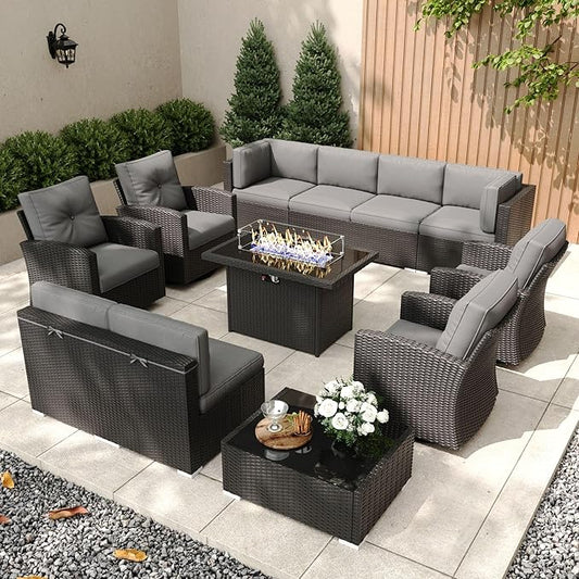 Patio Furniture Set with Fire Pit Table, 12 Pieces Outdoor All-Weather Wicker Conversation Sectional Chair Sofa Set with 4 Swivel Chairs