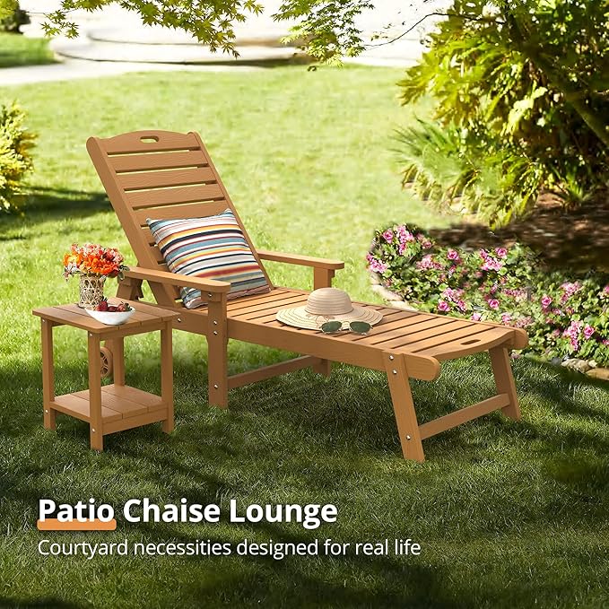 LUE BONA Chaise Lounge Chairs Set with Table, 3-Piece, 79'' Oversized HDPS Chaise Lounger, 5 Positions Adjustable Lounge Chairs, Pool Lounge Chair with Wheels for Poolside, 3 Year Warranty, Teak Color