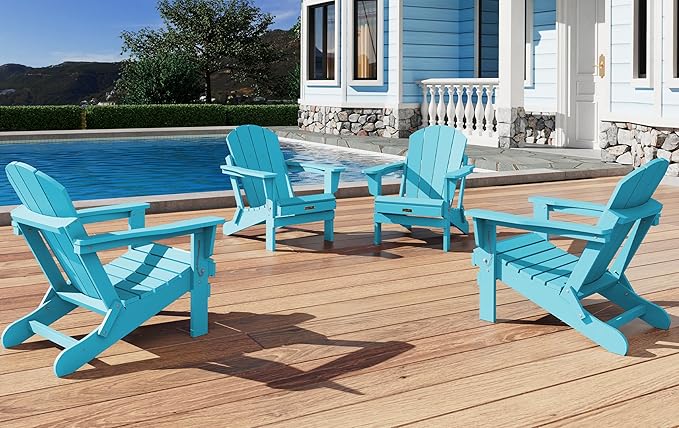 SERWALL Foldable Adirondack Chair Set of 4 for Patio Garden Outdoors- Aruba Blue