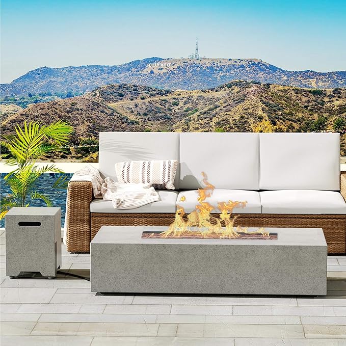 NAGA HABNA 56 Inch Propane Fire Pit Table, Rectangle Outdoor Fire Table w Tank Table (50,000 BTU), 2 Piece Gas Fire Pit w Lava Rocks for Garden, Pool, Backyard
