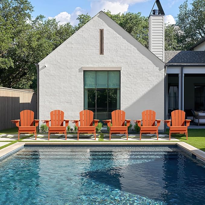 LOUNZY Folding Adirondack Chairs Set of 6, HDPE All-Weather Folding Adirondack Chair with Cup Holders, Outdoor Patio Adirondack Chair for Deck Lawn Fire Pit, Orange