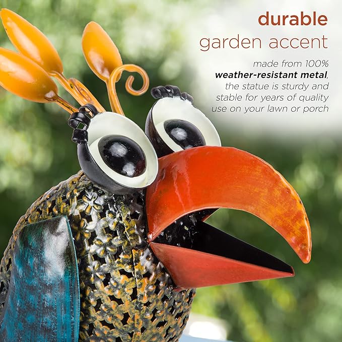 Alpine Corporation 12" Tall Outdoor Metal Wide-Eyed Bird Standing Yard Statue Decoration, Multicolor