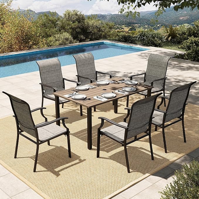 HERA'S HOUSE Patio Dining Set, Outdoor Table Chairs, 6 x All Weather High Back Foam-Padded Dining Chair, 1 x Wood Look Metal Dining Table for Patio, Lawn, Garden, Porch, Festival