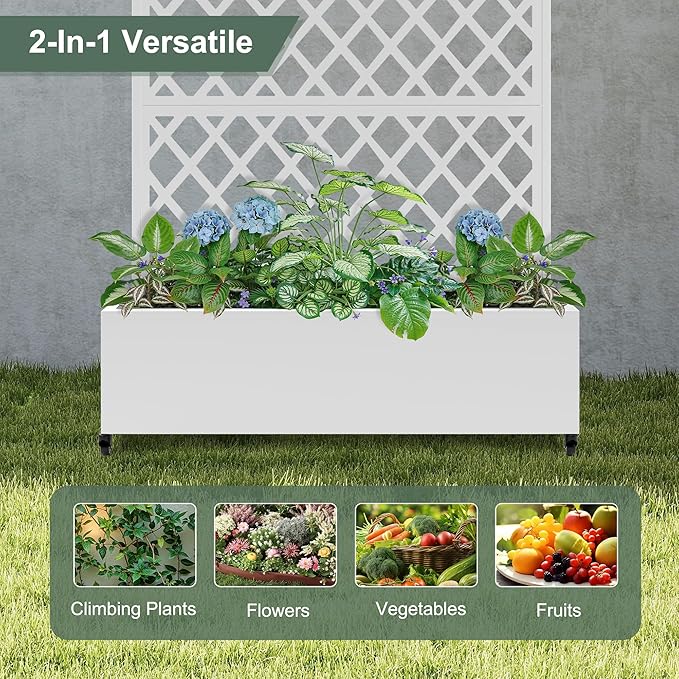 Metal Large Planter Box with Trellis for Climbing Plants Vegetables, Raised Garden Bed with Privacy Screen, 47"L×16"W×71"H Garden Boxes with Wheels & Drainage Hole (White Diamond Lattice)