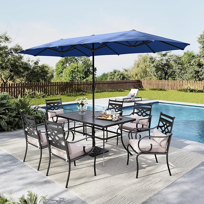 MFSTUDIO Outdoor Dining Set for 6, Patio Furniture Dining Set with Blue Umbrella (Base not Included), Outdoor Table and Chairs Set for Deck, Backyard, Lawn & Garden