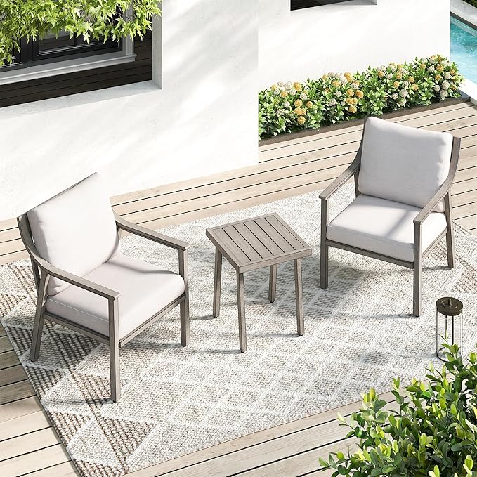 3-Piece Patio Conversation Bistro Sets, Outdoor Aluminum Bistro Sets with Thick Cushion, Modern Side Table and Chairs Set of 2, Rustproof and Waterproof for Porch Deck Garden, Grey