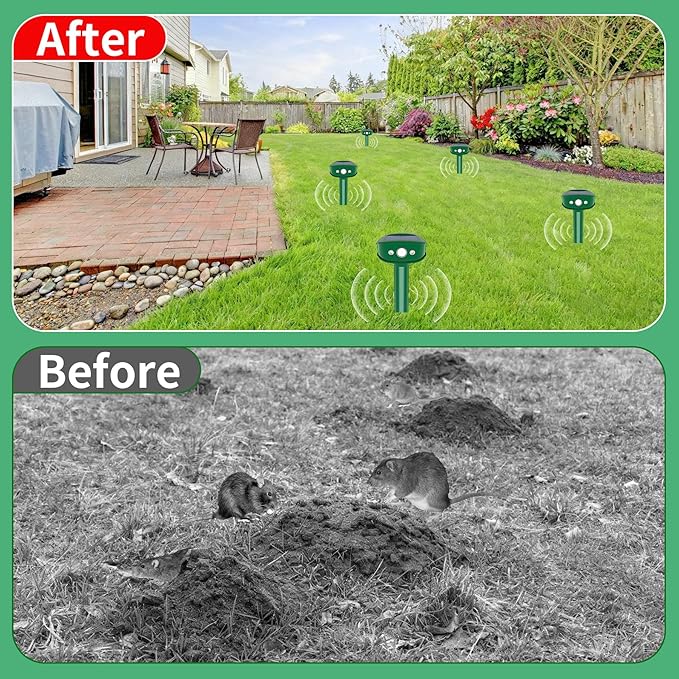 4 Pack Upgraded Mole Repellent Solar Powered with Flash Light, IP65 Waterproof Gopher Repellent Ultrasonic for Snake, Gopher, Vole, Raccoon, Squirrel, Rabbit and Rodent, Ideal for Yard and Lawn