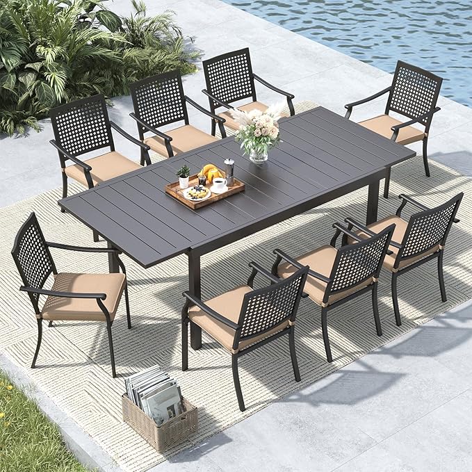 MFSTUDIO Outdoor Dining Set for 8, Expandable Patio Table and Chairs Set, 9 Piece Metal Patio Dining Set Patio Furniture Set for Deck Backyard Poolside Garden