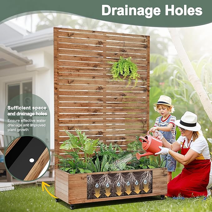 Metal Raised Garden Beds with Trellis and Wheels for Climbing Plants, Flowers, Large Planter Box with Privacy Screen & Drainage Holes for Patio (47" L, Brown Log Grain)