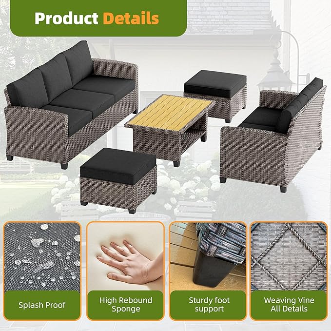 Outdoor Patio Sectional Sofa Set, 4-Piece Rattan Furniture, Patio Conversation Sets with Fire Pit, Swivel Sofa, Seats 2, Dark Grey