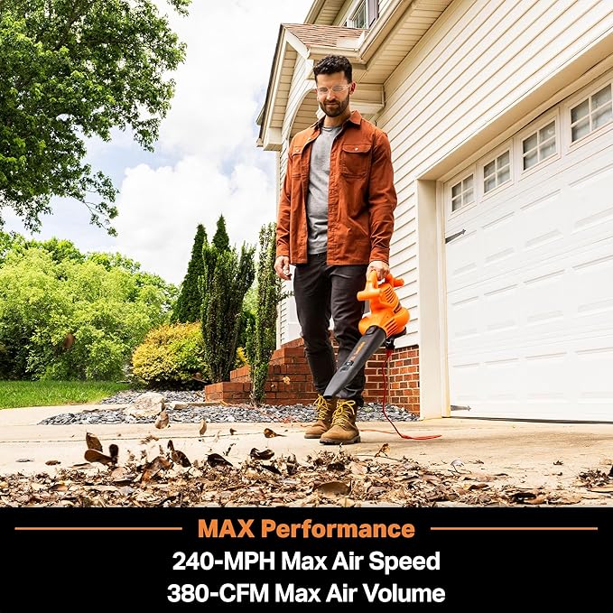 LawnMaster BV1210 Electric Blower Vacuum Mulcher 12 Amp 2-Speed Adjustment with Metal Impeller 240 MPH 380 CFM 16:1 Mulch Ratio with Collection Bag