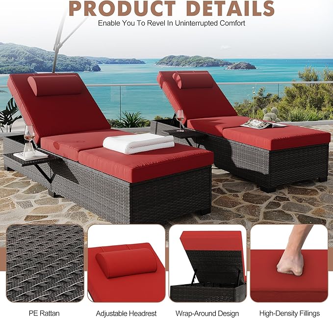 Outdoor PE Wicker Chaise Lounge Chairs, Set of 2, Brown Rattan, Modern Style, Adjustable Backrest, Recliners with Red Cushion
