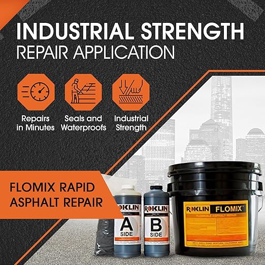 Roklin Systems, Inc. - FloMix Rapid Asphalt Repair, Quick-Drying Spall, Floor & Asphalt Crack Filler, Simple-to-Apply Driveway Sealer (Black, 3 Gallon Kit)