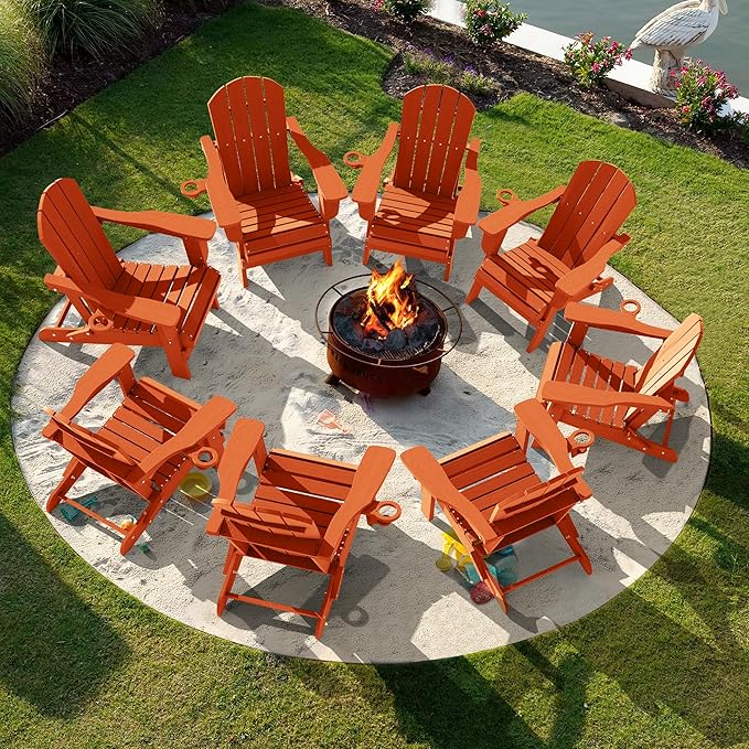 LOUNZY Folding Adirondack Chair Set of 8, HDPE All-Weather Folding Adirondack Chair with Cup Holders, Outdoor Patio Adirondack Chair for Deck Lawn Fire Pit, Orange