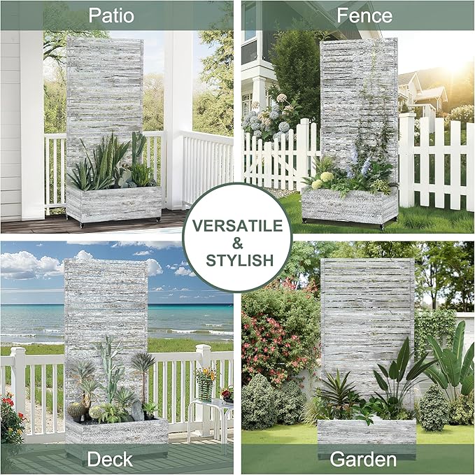Metal Planter Boxs with Trellis & Wheels for Outdoor Plants, Vines, Large Raised Garden Beds with Drainage Holes for Patio (35" L, Gray Oak Grain)