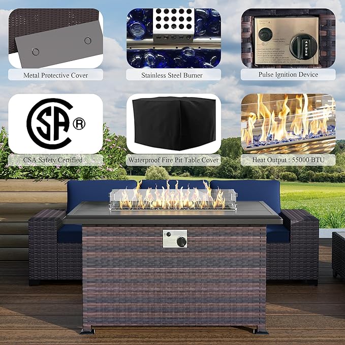 Outdoor Patio Furniture Set with Propane Fire Pit Table, 13 Pieces Outdoor Furniture Patio Sectional Sofa Conversation Sets w/ETL Approved 43" Gas Outdoor Fire Table & Coffee Table(Dark Blue)