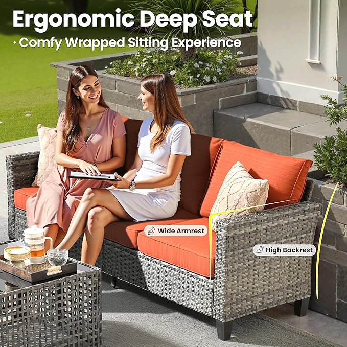 ovios 8 Pieces Patio Furniture Set, Outdoor Wicker Sofa Couch with Rocking Swivel Chairs Solar Lights Table, Modern Deep Seat Rattan Conversation Sets for Porch Deck, Orange Red