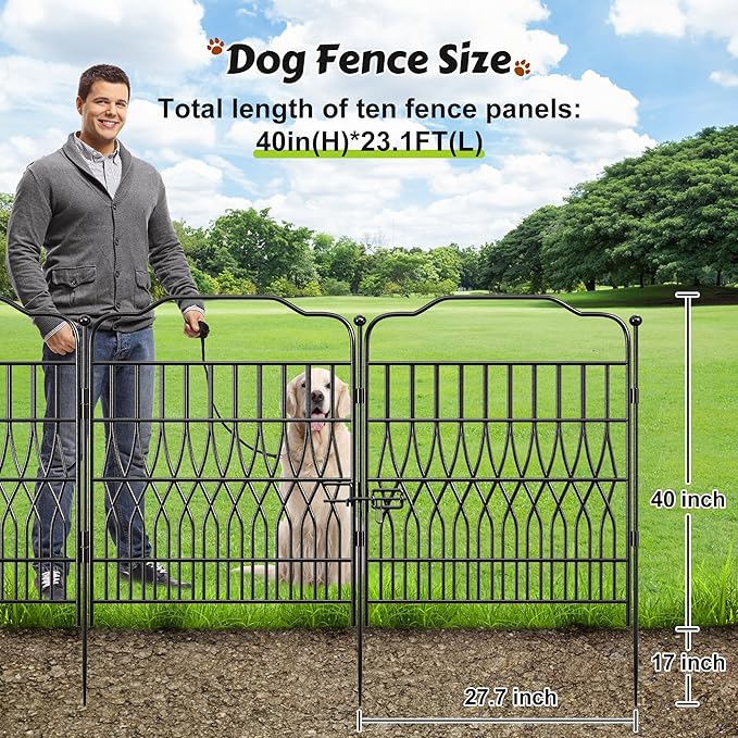 Bepatio 10 Panels Tall Garden Fence with Latch, 40in (H) x 23.1ft (L) Dog Fence Outdoor for Yard, Arc Metal Fencing Panels, Animal Barrier Fencing for Outdoor, Patio, Flower Bed
